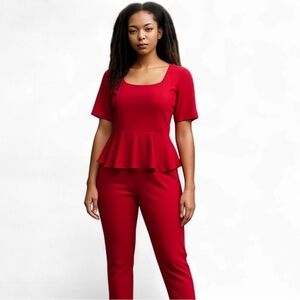 Red Peplum Waist Square Neck Jumpsuit‎ Gold Back Zipper by Danny & Nicole NEW